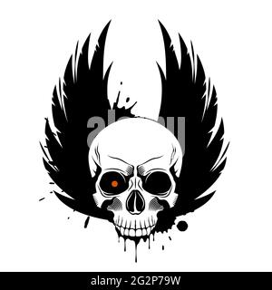 Vector skull with glowing eye, crown wings and paint splashes and drips on white background. Grunge vector illustration Stock Vector