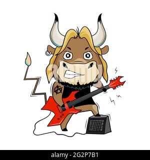 Cool bull plays red electric guitar. Musician at a concert. Cartoon symbol of 2021. Vector illustration Stock Vector