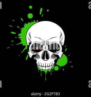 Skull with red glowing eye, and splashes and drips of green paint on black background. Grunge vector illustration Stock Vector