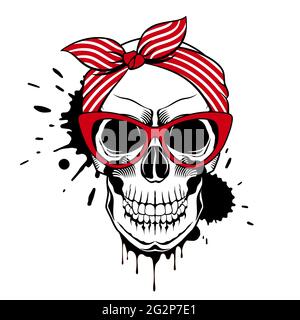 Vector skull in red cat eye glasses, striped bandana and ink drops. Trendy vector illustration. Stock Vector