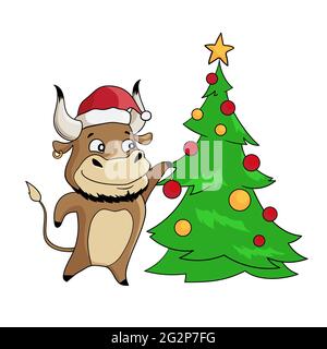 Cool bull in a santa hat decorating Christmas tree. Symbol of 2021. Vector illustration Stock Vector