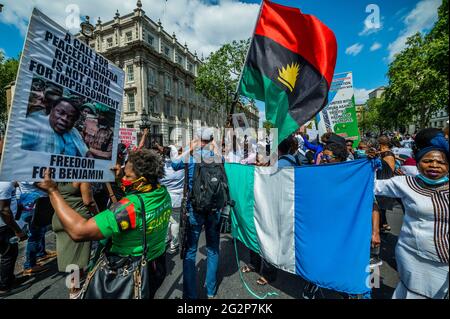 London, UK. 12th June, 2021. Protest outside Downing Street in support of self determination for Yoruba in Nigeria. Credit: Guy Bell/Alamy Live News Stock Photo