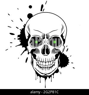 Skull with green glowing eyes, and splashes and drips of paint on white background. Grunge vector illustration Stock Vector
