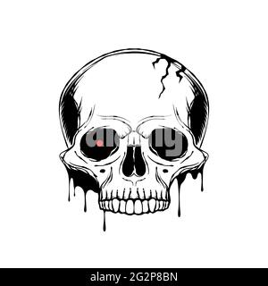 Hand drawn human skull with with glowing red eye. Stock Vector