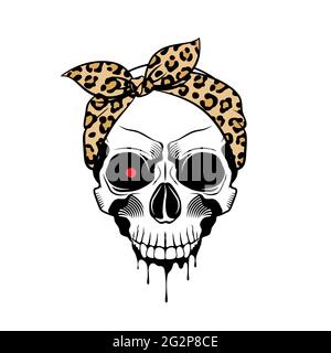 Skull with leopard print bandana, red glowing eye, splashes and drips of paint. Hand drawn vector illustration on white background. Stock Vector
