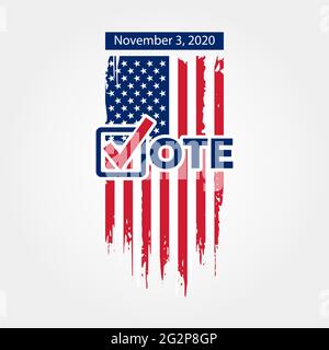 Vote 2020 in USA, banner design. American patriotic flag. Presidental election day. Voting poster. Vote check mark. Stock Vector