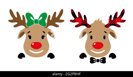 Cute red-nosed reindeer with bow. Cartoon deer face. Vector illustration. Stock Vector