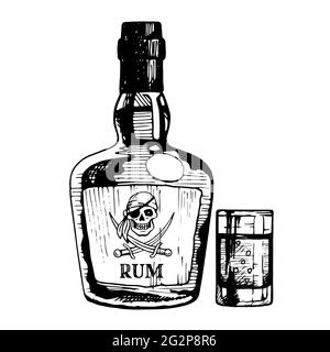 Rum bottle with pirate on the label, and glass. Vector hand drawn illustration, ink sketch. Stock Vector