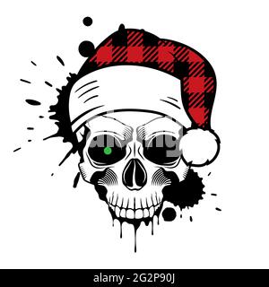 Vector skull with Santa hat. Christmas 2020. Paint splashes and drips. Grunge vector illustration. Stock Vector
