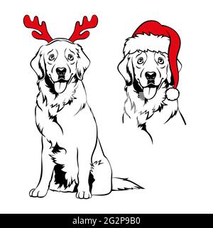 Golden retriver with red reindeer antlers and Santa hat. Christmas Labrador dog portrait. Vector illustration. Stock Vector