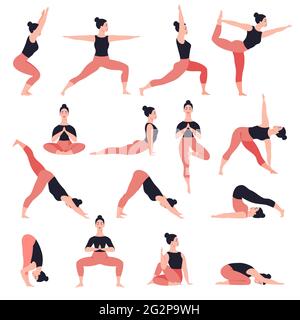 Set of yoga poses. Healthy lifestyle. Female cartoon character demonstrating yoga positions. Vector flat illustration isolated on white background Stock Vector