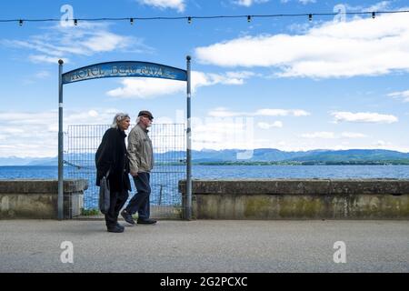 old hotel sign on the dike promenade in Nyon on the shores of Lake Geneva, Switzerland Stock Photo