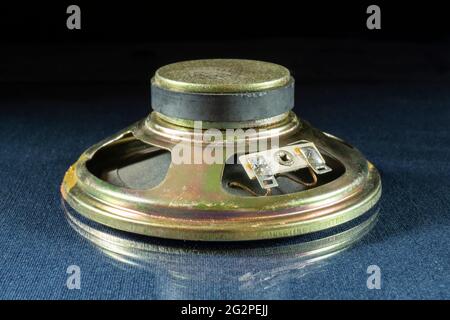 Electric speaker on the table with reflection. Spare parts on a black background Stock Photo