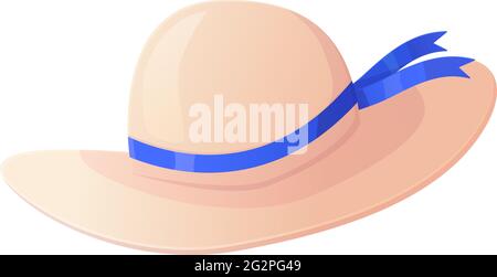 Straw hat with blue ribbon. Summer vacation, travel, tropical outfit concept. Stock vector illustration isolated on white background in flat cartoon Stock Vector