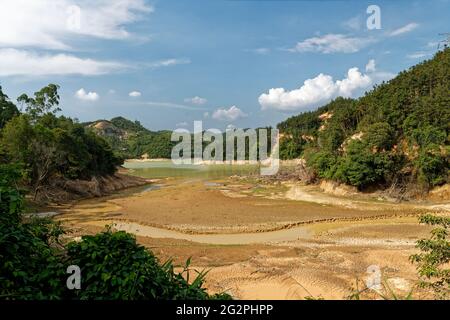 quarry lake on top of mountain in china with boat outdoors day Stock Photo