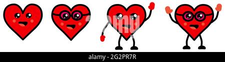 Cute Kawaii style heart icon, different versions Stock Vector