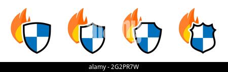 Flame icon behind shield, different versions. Protection from burning or fire security concept Stock Vector
