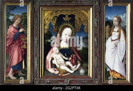 Jan Provoost -  Triptych with Virgin and Child Saint John the Evangelist Left Wing and Mary Magdalene Right Wing Stock Photo