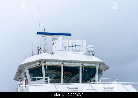 Cuxhaven, Germany - 25 May, 2021: view of the captain's cockpit on the ferry across the Elbe river Stock Photo