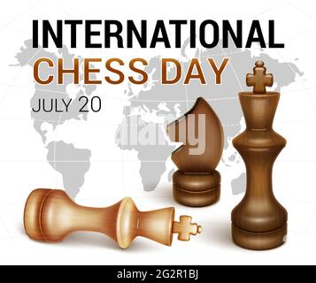 Banner International Chess Day. Black king of pieces and white king defeated. The figure of a black horse. 3D realistic style. vector Stock Vector