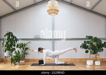 young Russian woman doing complex exercises and yoga stretching in a nice gym, well decorated Stock Photo