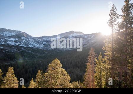 Tioga Pass is outside of the east gate of Yosemite National Park and the state highway is at the highest elevation in California. Stock Photo