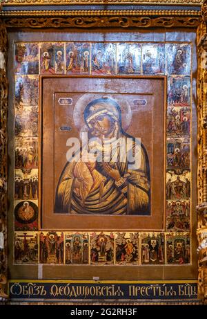 Yaroslavl, Russia - May 13, 2019: Ancient icon of the Theodore Mother of God in the iconostasis of the Church of Elijah the Prophet Stock Photo