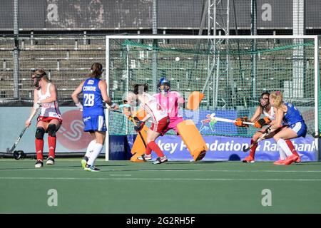 AMSTELVEEN, NETHERLANDS - JUNE 12: Maddie Hinch of England in action during the Euro Hockey Championships match between England and Scotland at Wagener Stadion on June 12, 2021 in Amstelveen, Netherlands (Photo by Gerrit van Keulen/Orange Pictures) Stock Photo