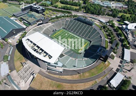 Eugene, United States. 17th June, 2021. An aerial view of PK Park on the  campus of University of Oregon, Thursday, June 17, 2021, in Eugene, Ore.  The stadium is the home of