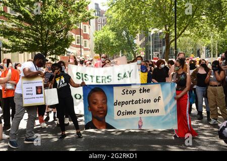 A demonstration against the deportation of Osime Brown held outside the Home Office in London Saturday 13th June 2021 Stock Photo