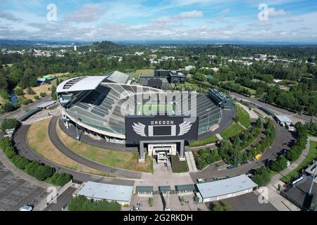 Eugene, United States. 17th June, 2021. An aerial view of PK Park on the  campus of University of Oregon, Thursday, June 17, 2021, in Eugene, Ore.  The stadium is the home of