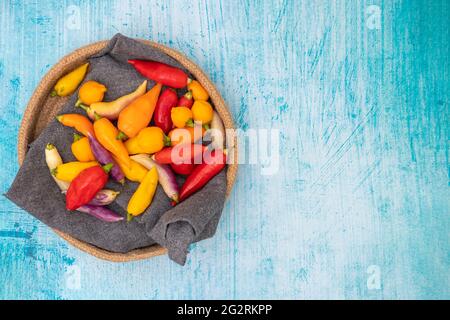 Peruvian chili peppers of various colors on blue background Stock Photo
