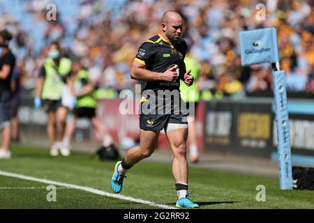 COVENTRY, UK. JUNE 12TH. Dan Robson of Wasps during the Gallagher Premiership match between London Wasps and Leicester Tigers at the Ricoh Arena, Coventry on Saturday 12th June 2021. (Credit: James Holyoak | MI News) Credit: MI News & Sport /Alamy Live News Stock Photo