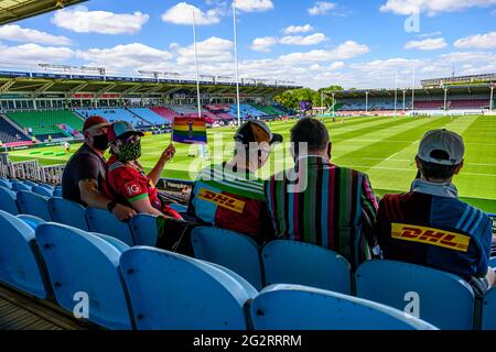 LONDON, UNITED KINGDOM. 12th, Jun 2021. The fans during Gallagher Premiership Rugby Match between Harlequins vs Newcastle Falcons at Twickenham Stoop Stadium on Saturday, 12 June 2021. LONDON ENGLAND.  Credit: Taka G Wu/Alamy Live News Stock Photo