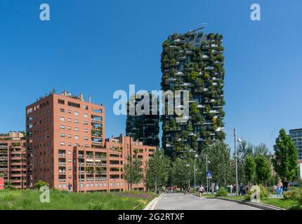 Milan, Italy (6th June 2021) - The two famous buildings of the s.c. 'vertical forest' (designed by architect Boeri) near Porta Garibaldi railway stat. Stock Photo