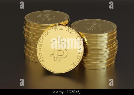 Stack of coins with the bitcoin symbol and the text 'El Salvador republic' in spanish. 3d illustration. Stock Photo