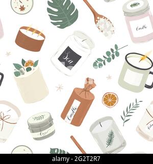 Various scented candles, seamless vector pattern, natural wax aromatic candles, various craft design, home aromatheraphy, interior decoration, hand Stock Vector