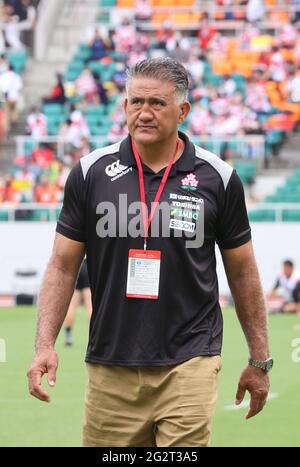 Fukuroi, Japan. 12th June, 2021. Japan's rugby national team head coach Jamie Joseph watches his team's warmup before a match against Sunwolves at the Ecopa stadium in Fukuroi in Shizuoka prefecture on Saturnday, June 12, 2021. Japan XV defeated Sunwolves 32-17 at a send off match as the national team will have game against British and Irish Lions next month. Credit: Yoshio Tsunoda/AFLO/Alamy Live News Stock Photo