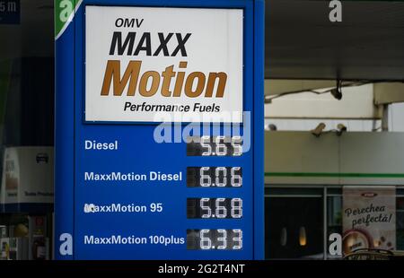 Bucharest, Romania - June 08, 2021: The panel with petrol and diesel prices is seen at an OMV gas station in Bucharest This image is for editorial use Stock Photo