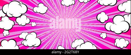 Pop art banner in horizontal format. Purple sunset with clouds. Template for the presentation of your product. Vector illustration. Stock Vector