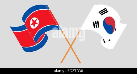 Crossed and waving flags of North Korea and South Korea. Vector illustration Stock Vector