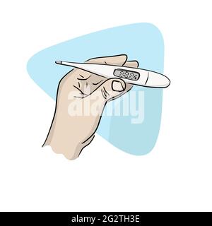 close-up hand holding digital thermometer  hand drawn with black lines illustration vector isolated on white background. Stock Vector