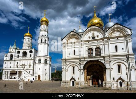 Archangel Cathedral and Ivan the Great Bell Tower at Moscow Kremlin, Russia. Panorama of Cathedral Square in Moscow city center. This place with old R Stock Photo