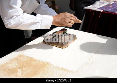 Block Printing On Fabric - Rajasthan, India.Block Printing Traditional Process,Jaipur - center of Traditional Handicrafts of India. Stock Photo