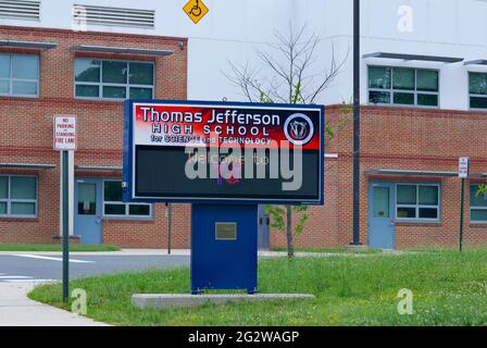 Entrance sign to Thomas Jefferson High School for Science and Technology, the #1 ranked high school in the United States located in Fairfax County, VA. Stock Photo