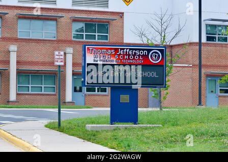 Entrance sign to Thomas Jefferson High School for Science and Technology, the #1 ranked high school in the United States located in Fairfax County, VA. Stock Photo