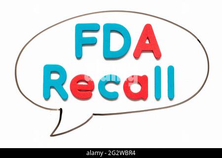 Alphabet letter with word FDA recall in black line hand drawing as bubble speech on white board background Stock Photo