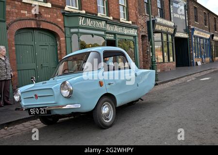 Vintage 1958 'Frisky' fibreglass 3 wheeled car made by Meadows of Wolverhampton. Black Country Museum Dudley England UK Stock Photo