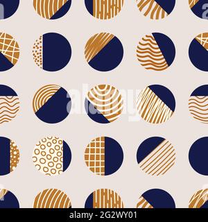 Abstract elegant blue and brown circles seamless pattern with hand drawn striped line texture isolated on white background. Modern luxury design for p Stock Vector