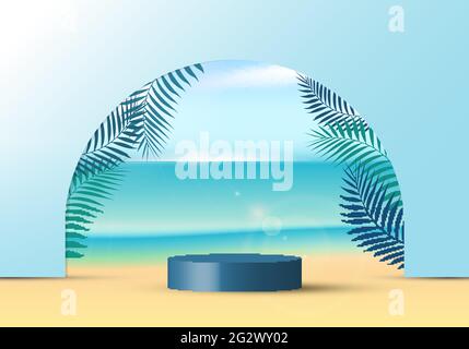 3D realistic blue color geometric platform round shape lighting mockup scene nature summer vacation tropical background with green coconut leaf on the Stock Vector